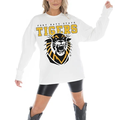 Women's Gameday Couture White Fort Hays State Tigers Big Goals Oversized Long Sleeve T-Shirt
