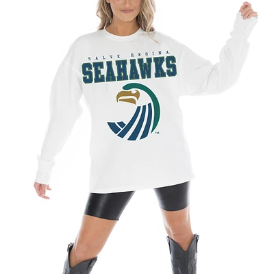Women's Gameday Couture White Salve Regina Seahawks Big Goals Oversized Long Sleeve T-Shirt
