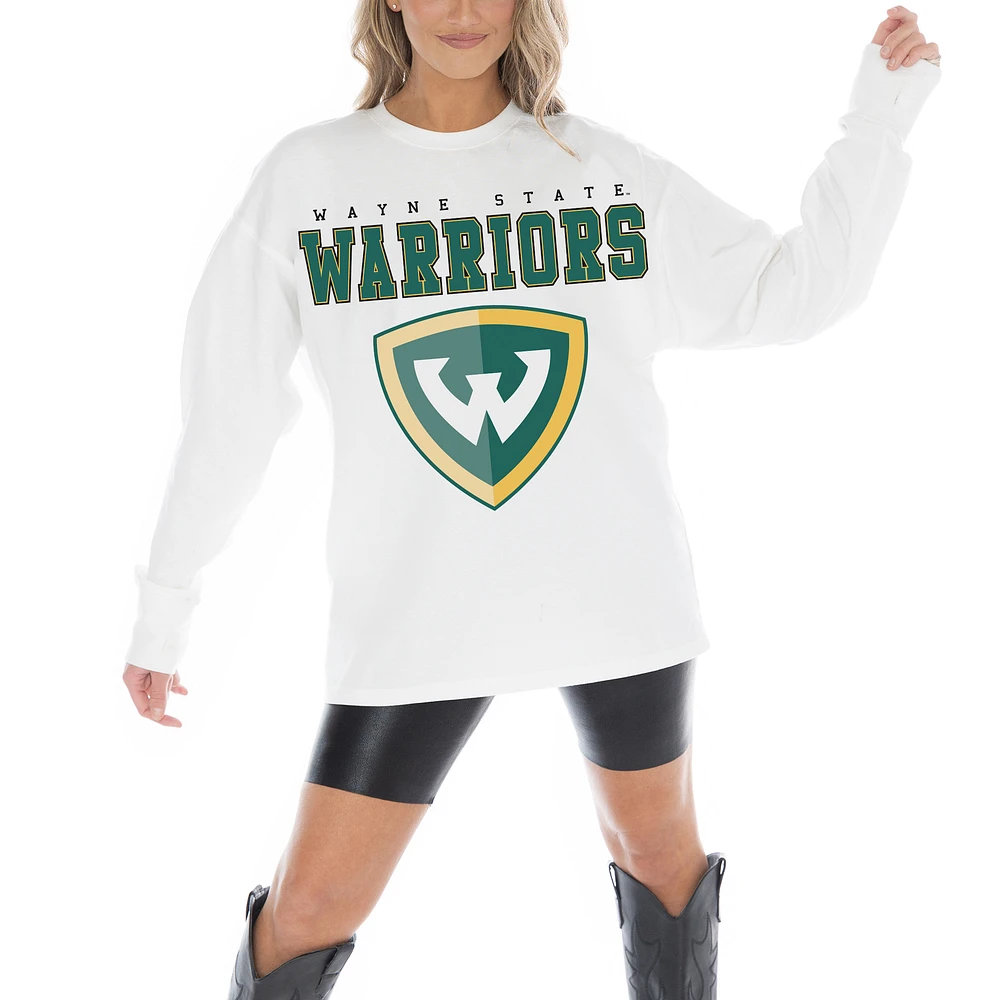 Women's Gameday Couture White Wayne State Warriors Big Goals Oversized Long Sleeve T-Shirt