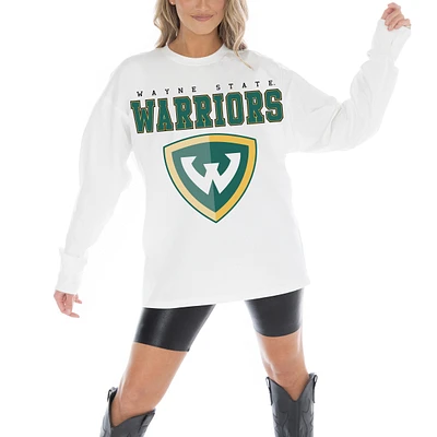 Women's Gameday Couture White Wayne State Warriors Big Goals Oversized Long Sleeve T-Shirt