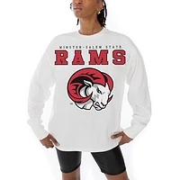Women's Gameday Couture White Winston-Salem State Rams Big Goals Oversized Long Sleeve T-Shirt