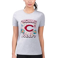 Women's G-III 4Her by Carl Banks Heather Gray Cincinnati Reds Flowers Graphic Fitted T-Shirt
