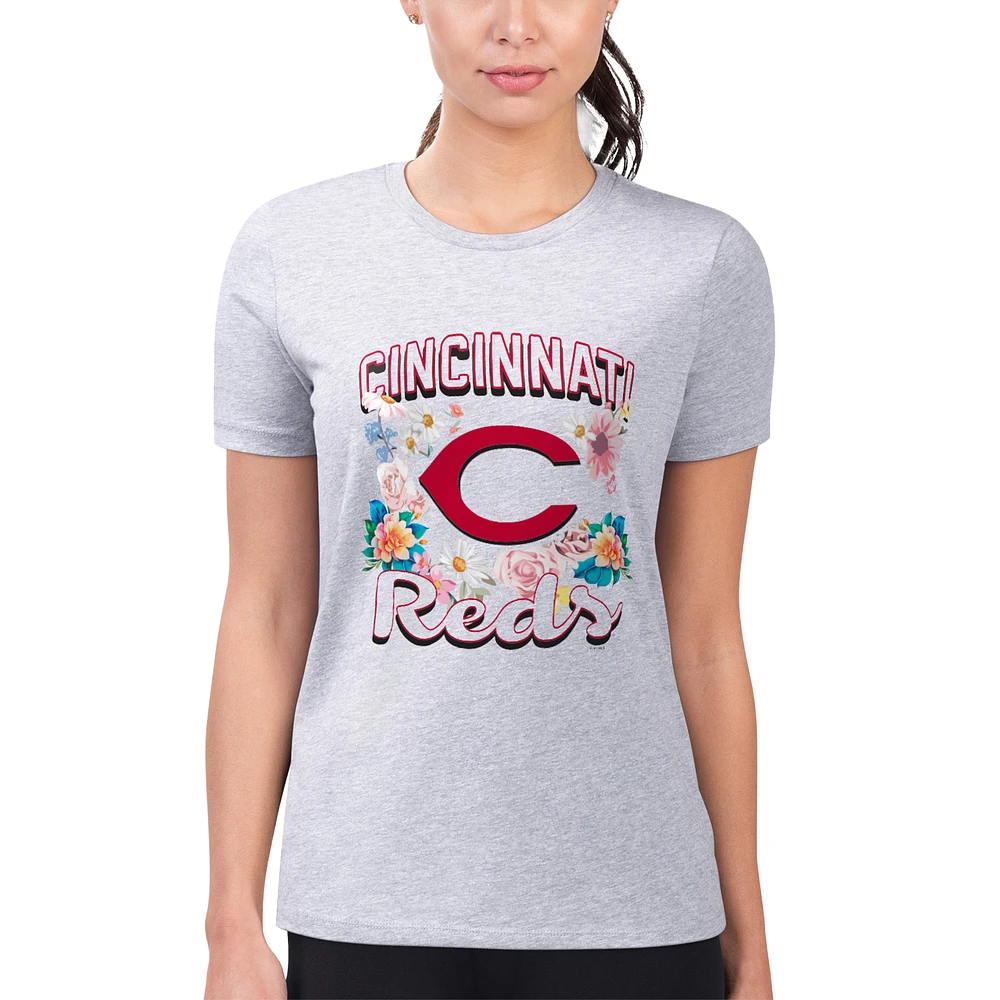 Women's G-III 4Her by Carl Banks Heather Gray Cincinnati Reds Flowers Graphic Fitted T-Shirt