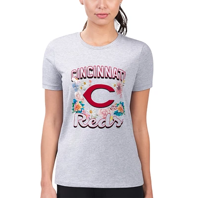 Women's G-III 4Her by Carl Banks Heather Gray Cincinnati Reds Flowers Graphic Fitted T-Shirt