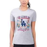 Women's G-III 4Her by Carl Banks Heather Gray Los Angeles Dodgers Flowers Graphic Fitted T-Shirt