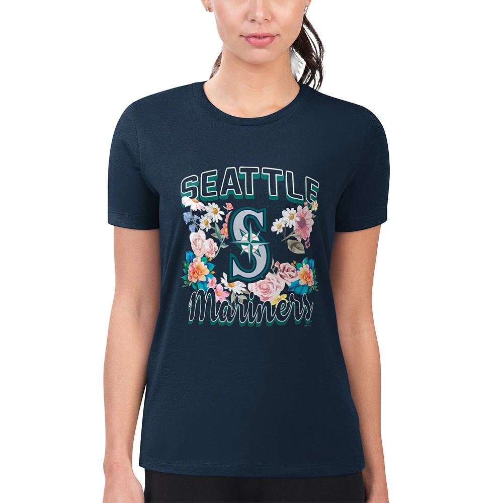 Women's G-III 4Her by Carl Banks Navy Seattle Mariners Flowers Graphic Fitted T-Shirt