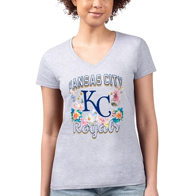 Women's G-III 4Her by Carl Banks Heather Gray Kansas City Royals Flowers Graphic Fitted V-Neck T-Shirt