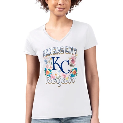 Women's G-III 4Her by Carl Banks White Kansas City Royals Flowers Graphic Fitted V-Neck T-Shirt