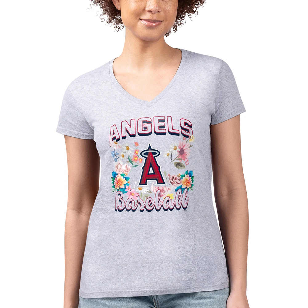 Women's G-III 4Her by Carl Banks Heather Gray Los Angeles Angels Flowers Graphic Fitted V-Neck T-Shirt