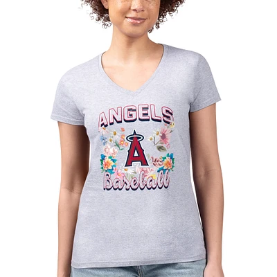 Women's G-III 4Her by Carl Banks Heather Gray Los Angeles Angels Flowers Graphic Fitted V-Neck T-Shirt