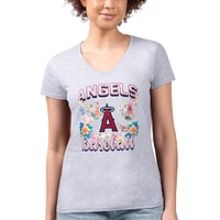 Women's G-III 4Her by Carl Banks Heather Gray Los Angeles Angels Flowers Graphic Fitted V-Neck T-Shirt