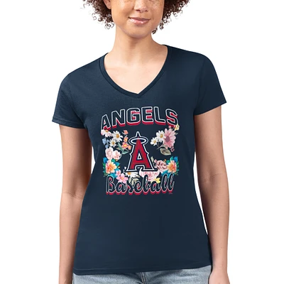 Women's G-III 4Her by Carl Banks Navy Los Angeles Angels Flowers Graphic Fitted V-Neck T-Shirt