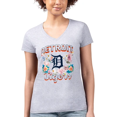 Women's G-III 4Her by Carl Banks Heather Gray Detroit Tigers Flowers Graphic Fitted V-Neck T-Shirt