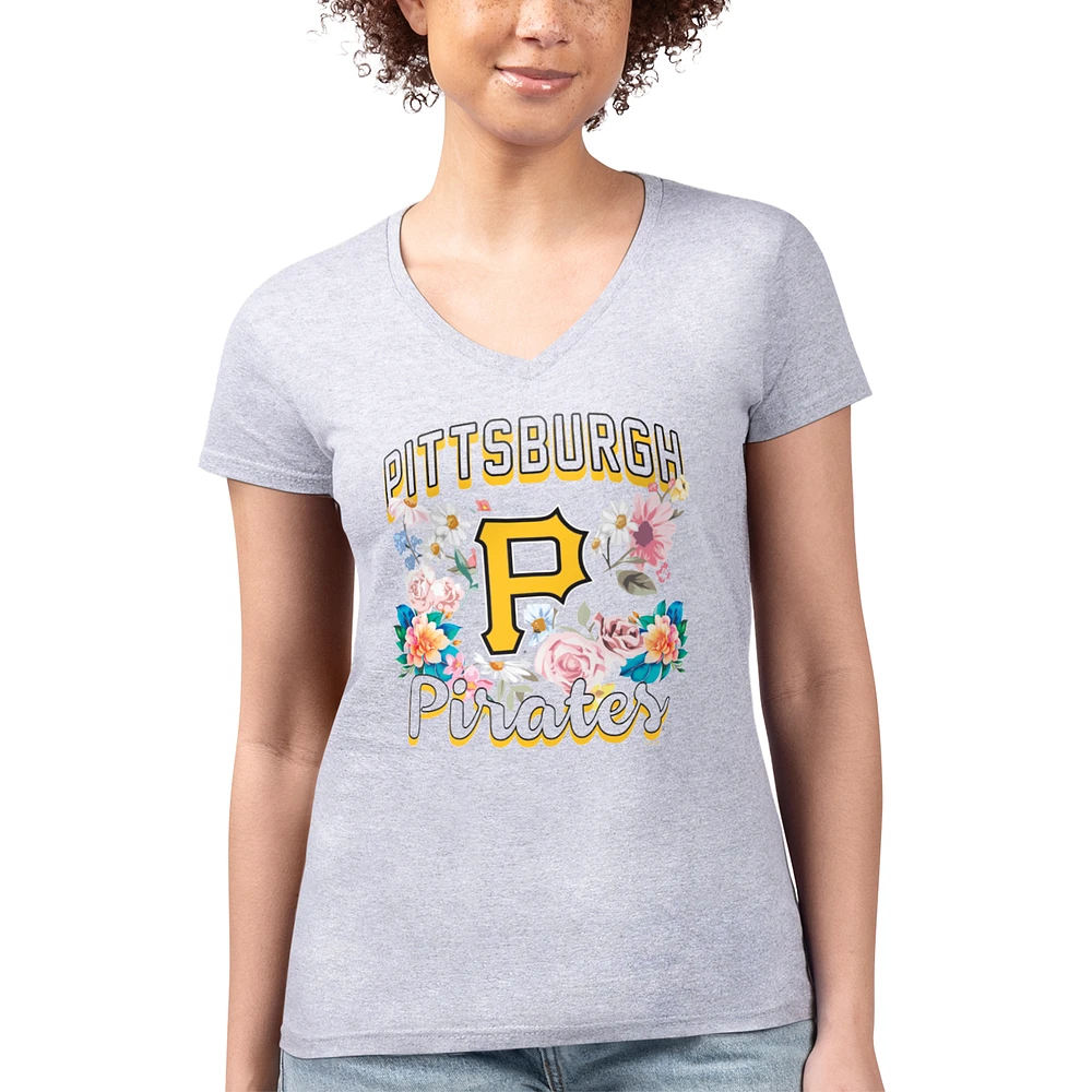 Women's G-III 4Her by Carl Banks Heather Gray Pittsburgh Pirates Flowers Graphic Fitted V-Neck T-Shirt