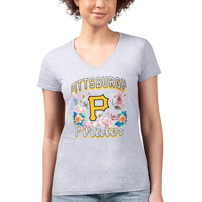 Women's G-III 4Her by Carl Banks Heather Gray Pittsburgh Pirates Flowers Graphic Fitted V-Neck T-Shirt