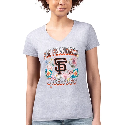 Women's G-III 4Her by Carl Banks Heather Gray San Francisco Giants Flowers Graphic Fitted V-Neck T-Shirt