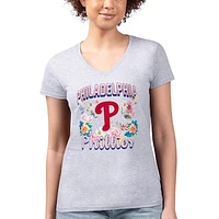 Women's G-III 4Her by Carl Banks Heather Gray Philadelphia Phillies Flowers Graphic Fitted V-Neck T-Shirt