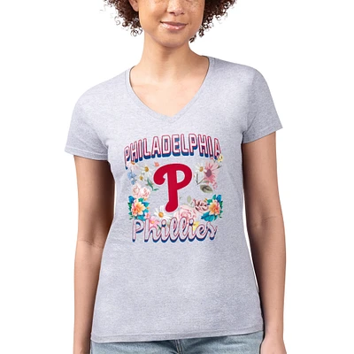 Women's G-III 4Her by Carl Banks Heather Gray Philadelphia Phillies Flowers Graphic Fitted V-Neck T-Shirt