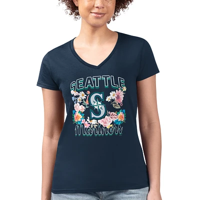 Women's G-III 4Her by Carl Banks Navy Seattle Mariners Flowers Graphic Fitted V-Neck T-Shirt