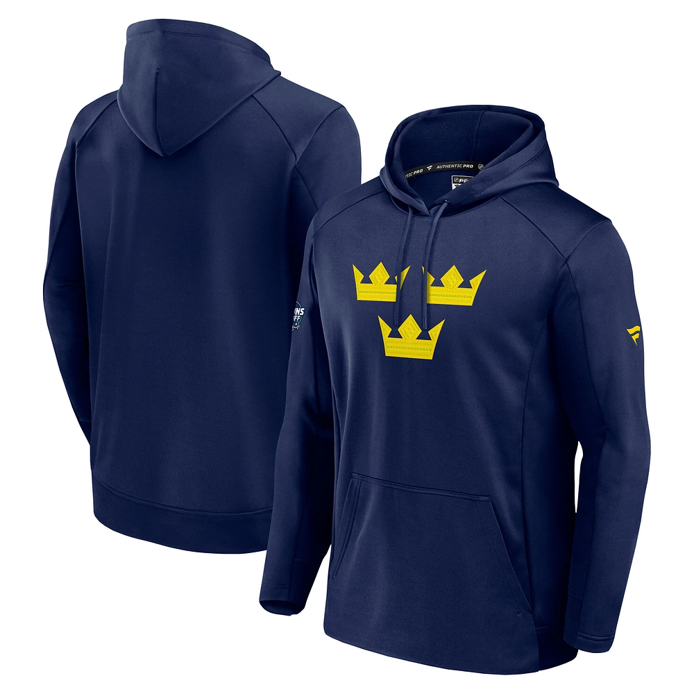 Men's Fanatics Athletic Navy Sweden 2025 4 Nations Face-Off Authentic Pro Fleece Pullover Hoodie