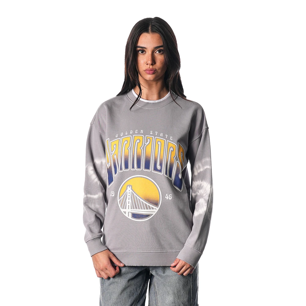 Women's The Wild Collective Heather Gray Golden State Warriors Bleached Tie-Dye Pullover Sweatshirt