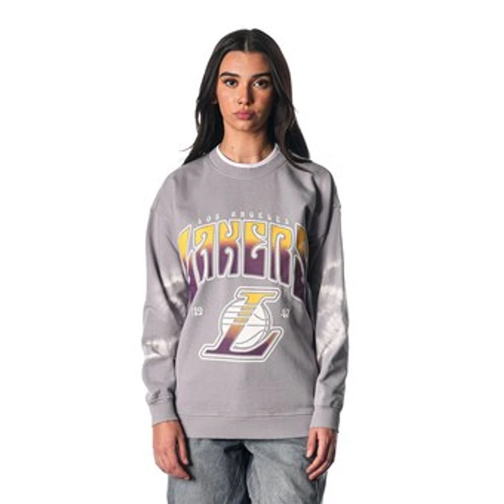 Women's The Wild Collective Heather Gray Los Angeles Lakers Bleached Tie-Dye Pullover Sweatshirt