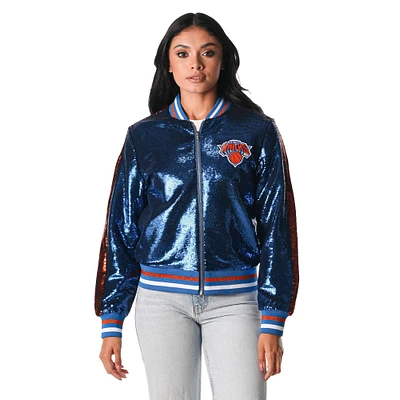 Women's The Wild Collective Blue New York Knicks Sequin Bomber Full-Zip Jacket