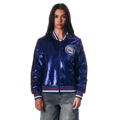 Women's The Wild Collective Royal Philadelphia 76ers Sequin Bomber Full-Zip Jacket