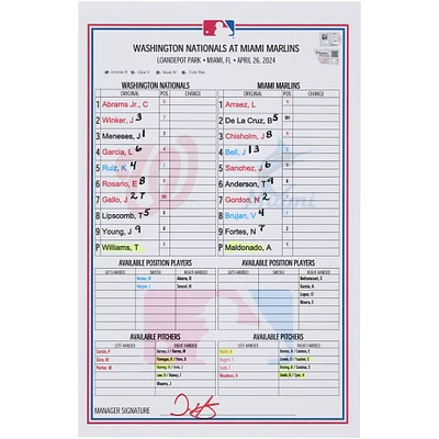 Washington Nationals Game-Used Lineup Card vs. Miami Marlins on April 26, 2024