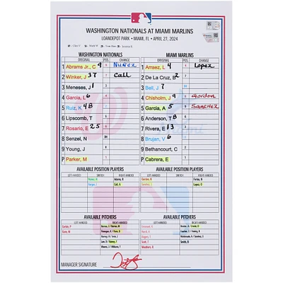 Washington Nationals Game-Used Lineup Card vs. Miami Marlins on April 27, 2024