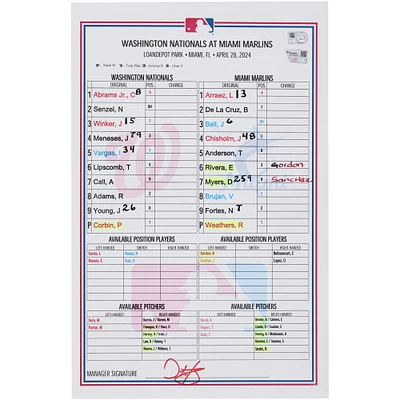 Washington Nationals Game-Used Lineup Card vs. Miami Marlins on April 28, 2024