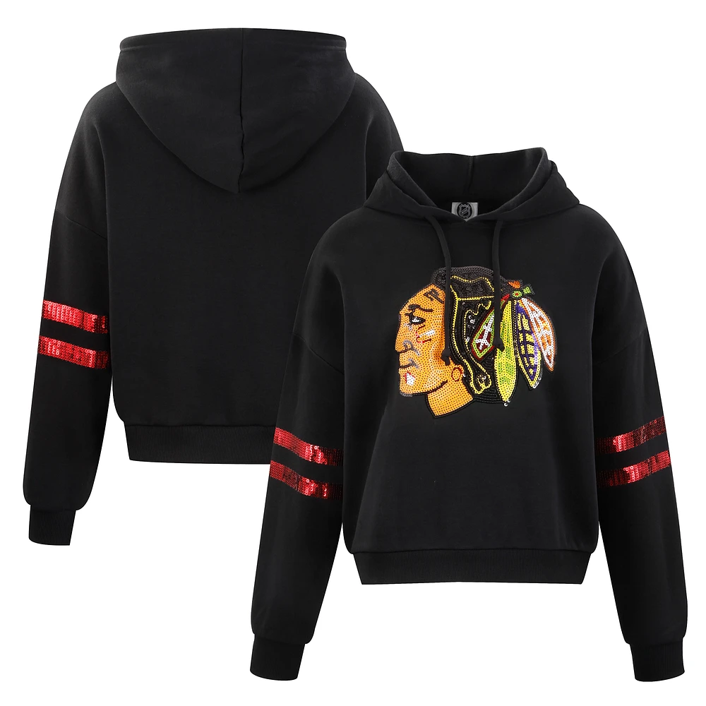 Women's Cuce Black Chicago Blackhawks Sequin Cropped Pullover Hoodie