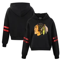 Women's Cuce Black Chicago Blackhawks Sequin Cropped Pullover Hoodie