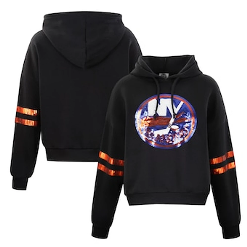 Women's Cuce Black New York Islanders Sequin Cropped Pullover Hoodie