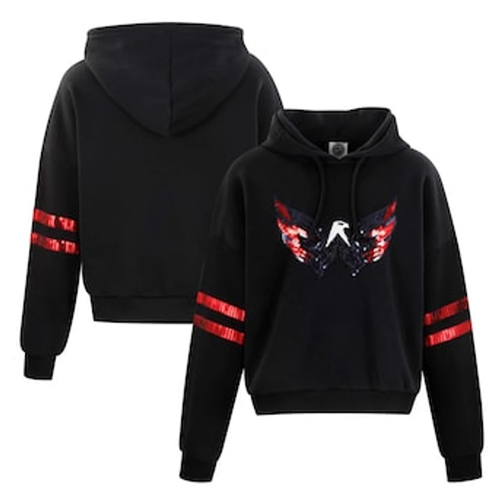 Women's Cuce Black Washington Capitals Sequin Cropped Pullover Hoodie