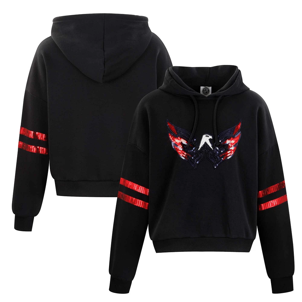 Women's Cuce Black Washington Capitals Sequin Cropped Pullover Hoodie