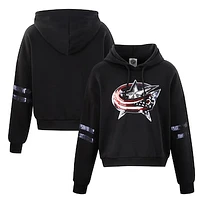 Women's Cuce Black Columbus Blue Jackets Sequin Cropped Pullover Hoodie