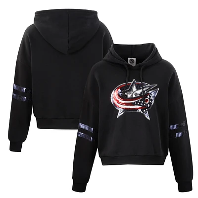 Women's Cuce Black Columbus Blue Jackets Sequin Cropped Pullover Hoodie