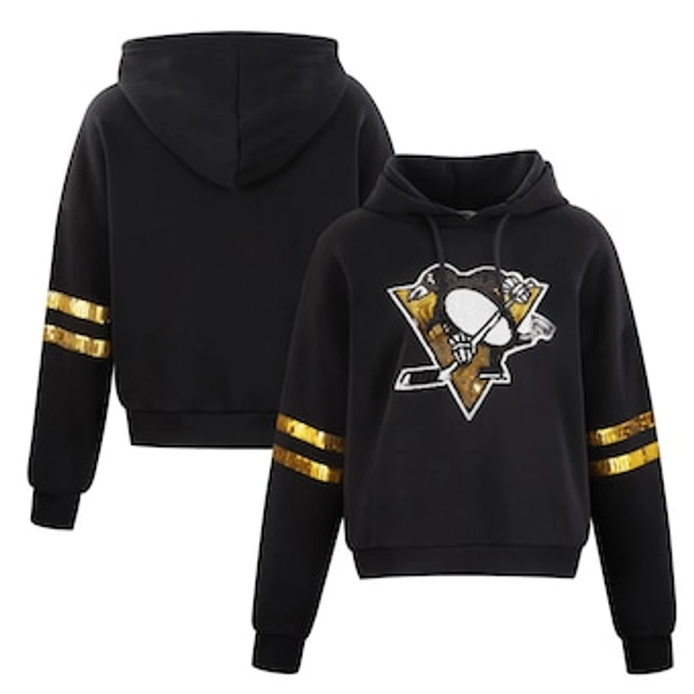 Women's Cuce Black Pittsburgh Penguins Sequin Cropped Pullover Hoodie