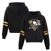 Women's Cuce Black Pittsburgh Penguins Sequin Cropped Pullover Hoodie