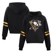 Women's Cuce Black Pittsburgh Penguins Sequin Cropped Pullover Hoodie