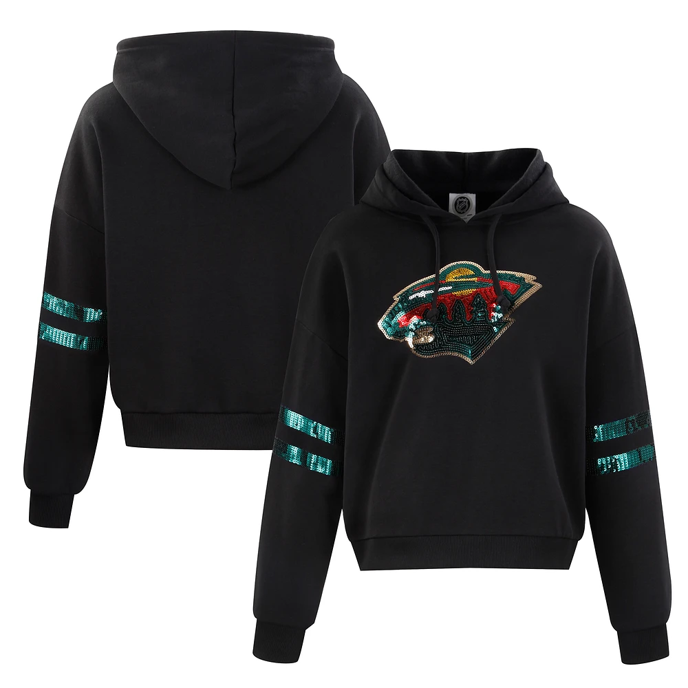 Women's Cuce Black Minnesota Wild Sequin Cropped Pullover Hoodie