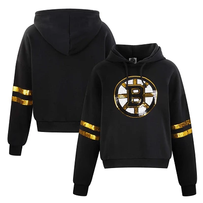 Women's Cuce Black Boston Bruins Sequin Cropped Pullover Hoodie