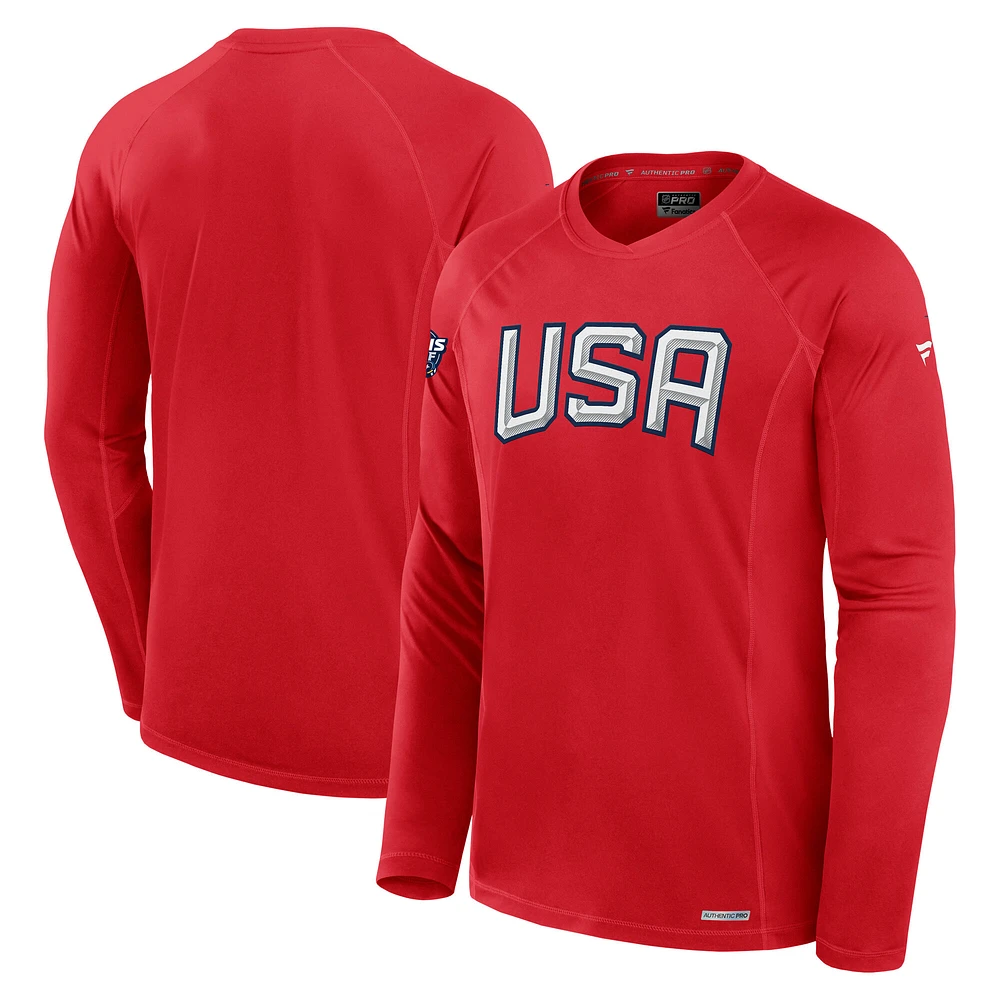 Men's Fanatics Red USA 2025 4 Nations Face-Off Authentic Pro Tech Long Sleeve T-Shirt