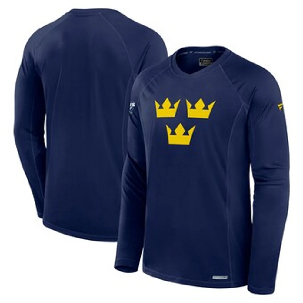 Men's Fanatics Navy Sweden 2025 4 Nations Face-Off Authentic Pro Tech Long Sleeve T-Shirt