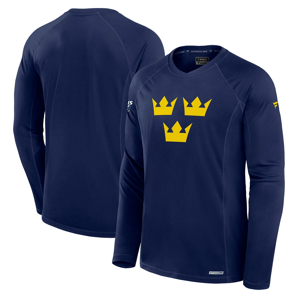 Men's Fanatics Navy Sweden 2025 4 Nations Face-Off Authentic Pro Tech Long Sleeve T-Shirt