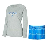 Women's Concepts Sport Blue/Gray Detroit Lions Petition Raglan Long Sleeve T-Shirt and Shorts Set