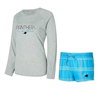 Women's Concepts Sport Blue/Gray Carolina Panthers Petition Raglan Long Sleeve T-Shirt and Shorts Set