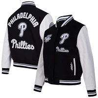 Women's Pro Standard Black Philadelphia Phillies Pearls Rib Wool Full-Zip Varsity Jacket