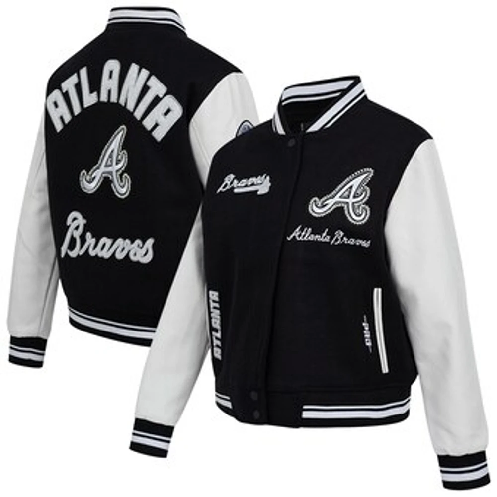 Women's Pro Standard Black Atlanta Braves Pearls Rib Wool Full-Zip Varsity Jacket